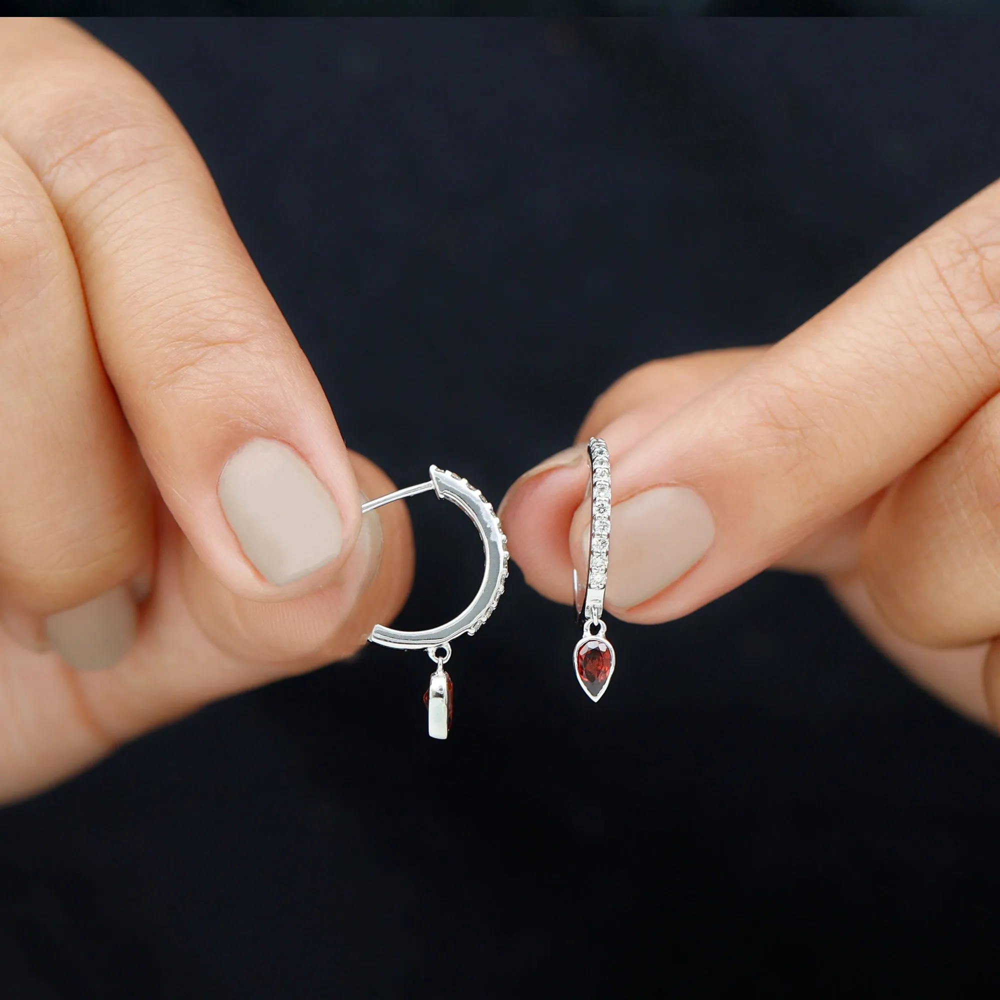 1 CT Minimal Garnet Drop Hinged Hoop Earrings with Diamond Accent