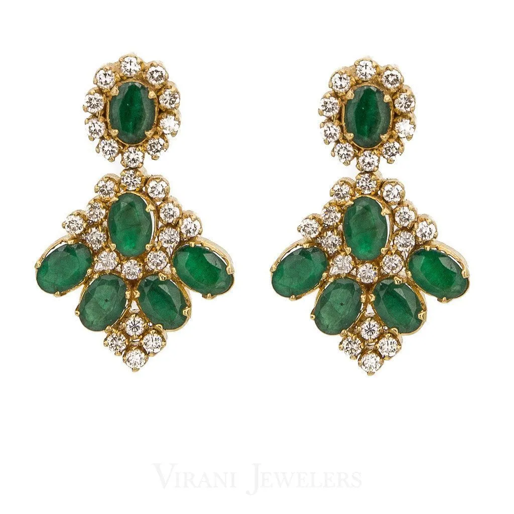 1.12CT Diamond Drop Earrings Set In 18K Yellow Gold W/ Precious Emerald Accents