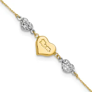 14K Two Tone gold Puffed MOM Heart 7inch Bracelet 1-inch ext.