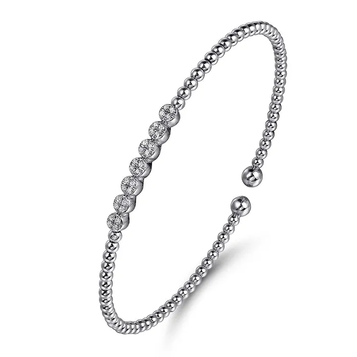 14K White Gold Bujukan Bead and Cluster Diamond Bangle, 0.14 Carat TW