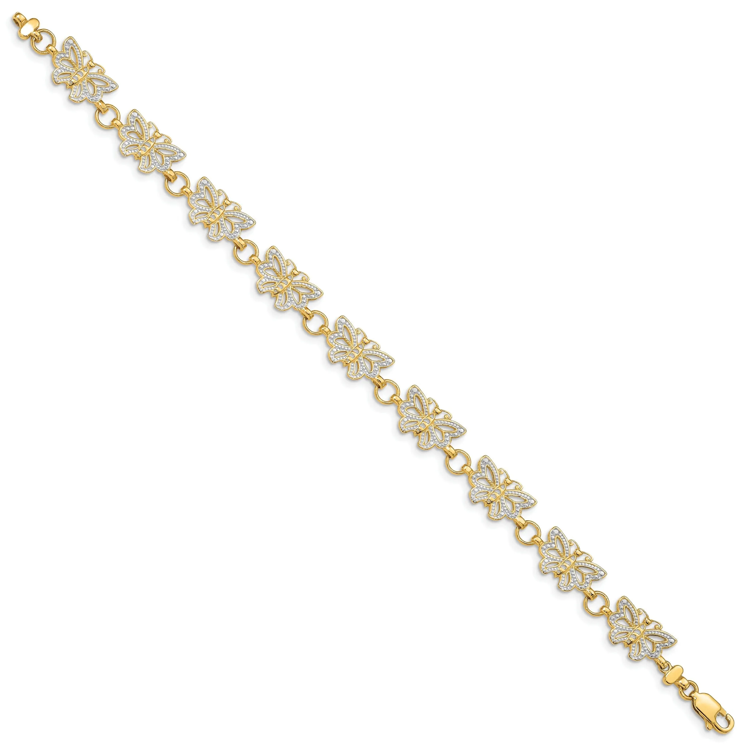 14k yellow gold butterfly bracelet 7-inch, 8mm wide fancy butterfly design