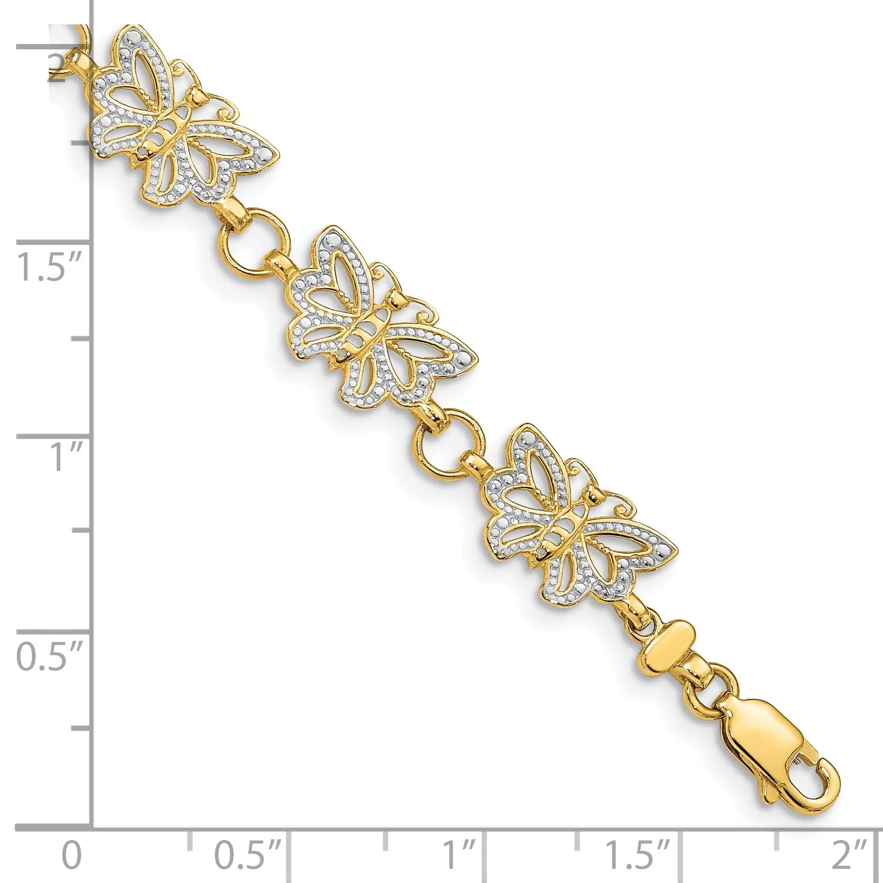 14k yellow gold butterfly bracelet 7-inch, 8mm wide fancy butterfly design