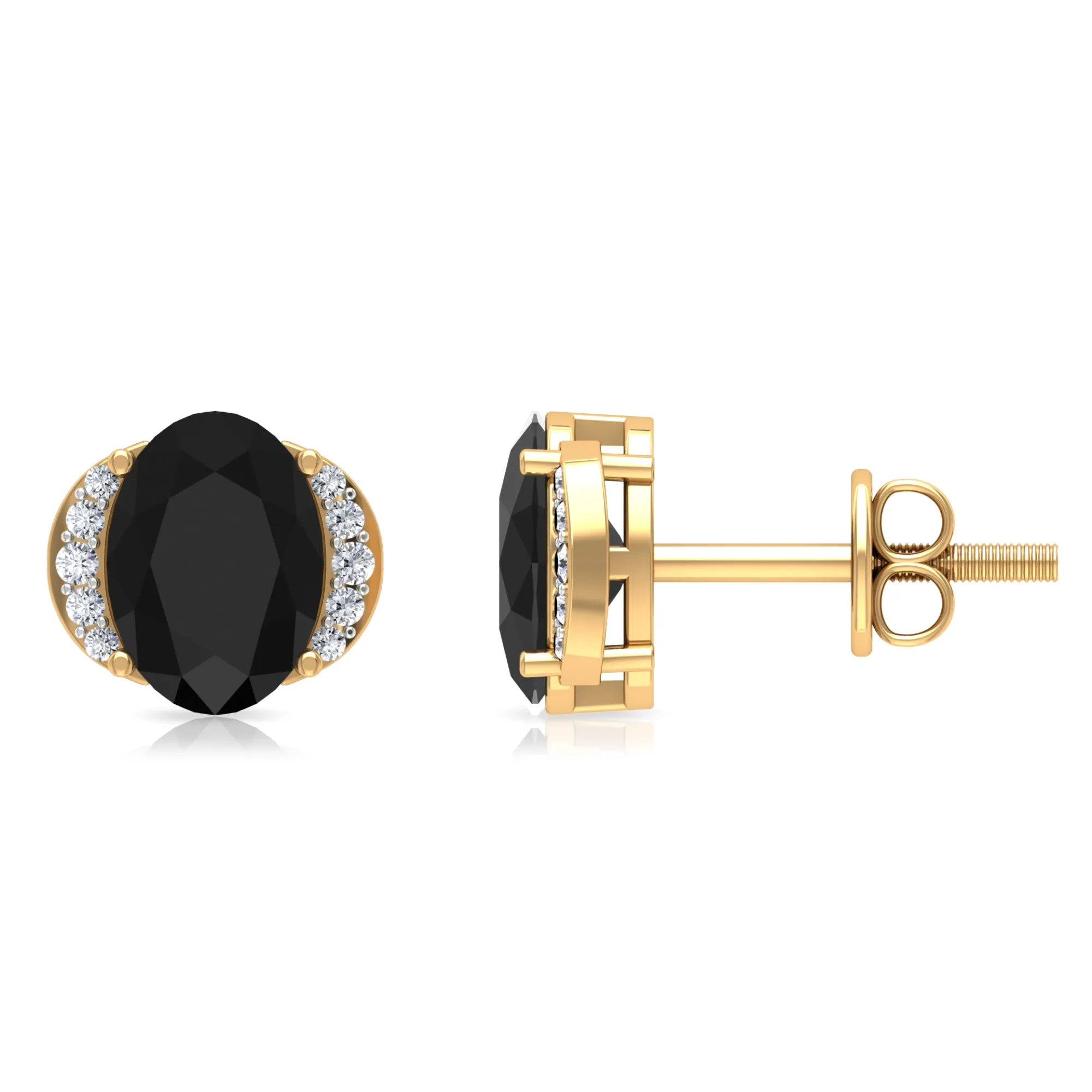 2.25 CT Oval Black Spinel Minimal Stud Earrings with Diamond Accent