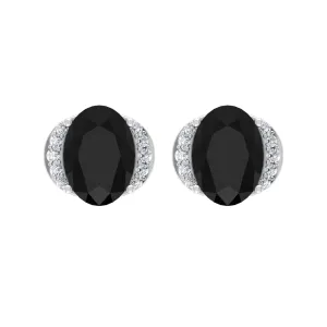 2.25 CT Oval Black Spinel Minimal Stud Earrings with Diamond Accent