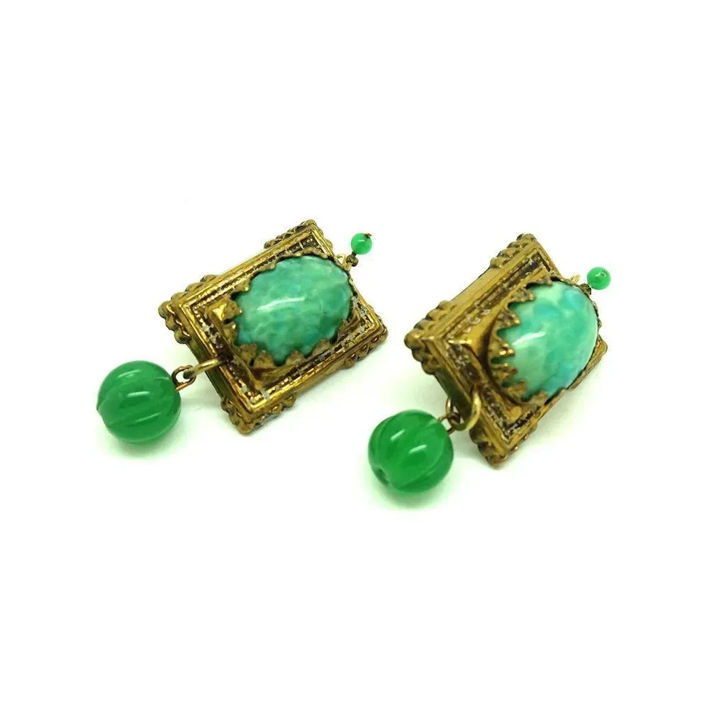 Antique Victorian Brass & Green Glass Ornate Drop Earrings