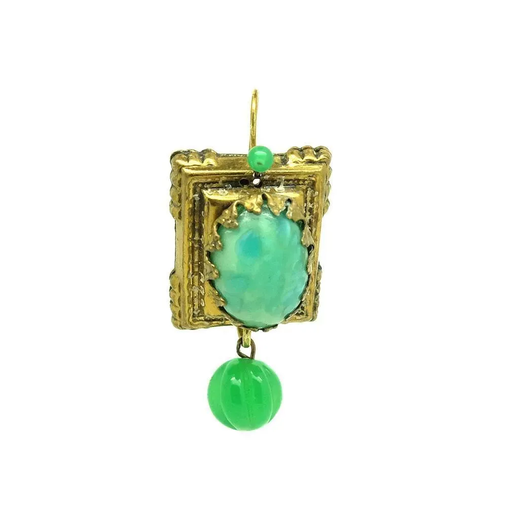 Antique Victorian Brass & Green Glass Ornate Drop Earrings