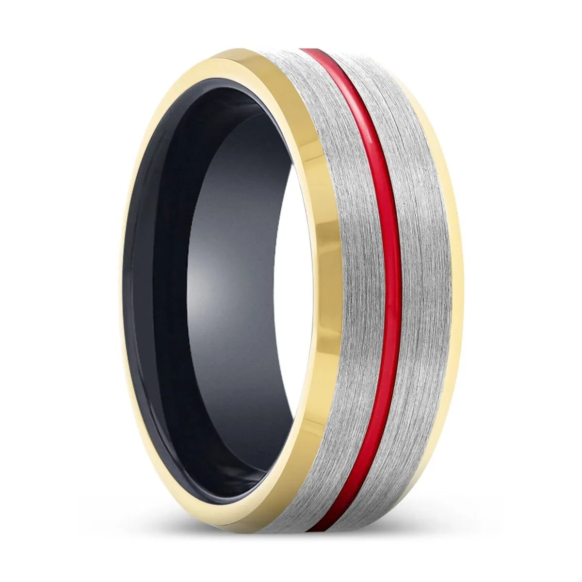 ATOM | Black Ring, Silver Tungsten Ring, Red Groove, Gold Beveled Edge