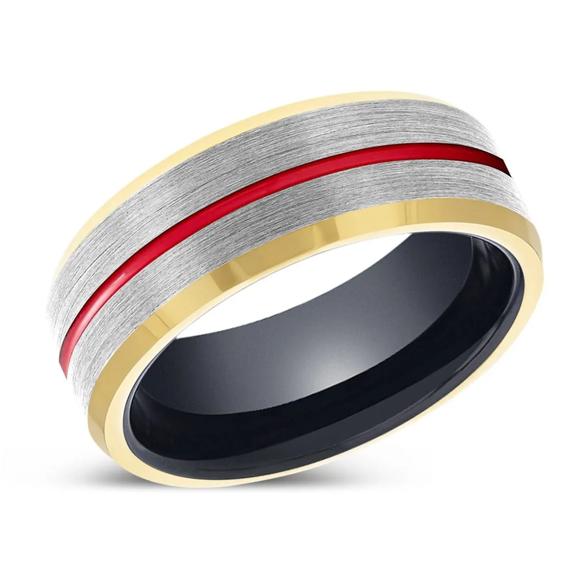 ATOM | Black Ring, Silver Tungsten Ring, Red Groove, Gold Beveled Edge