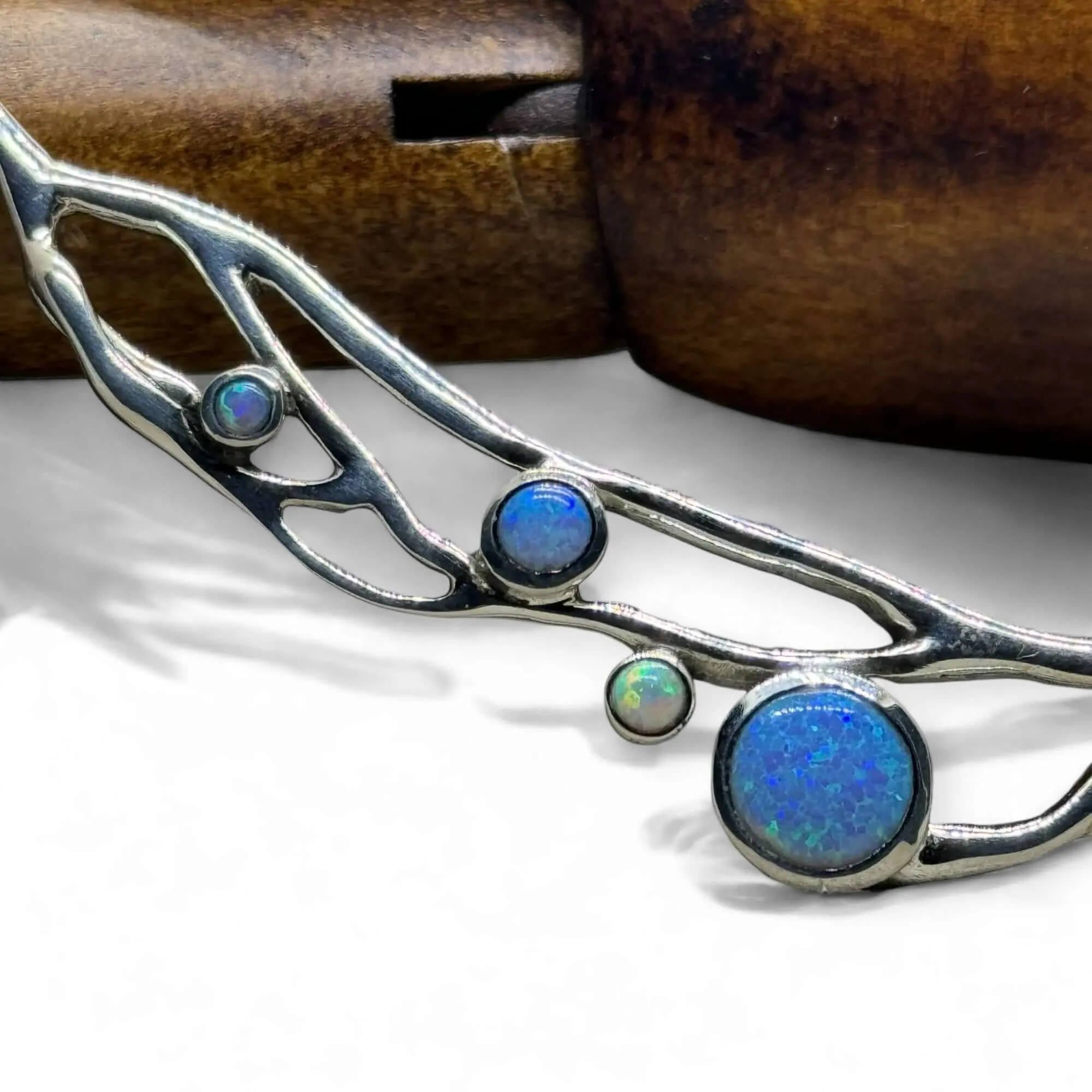 Blue and White Opal Organic Crescent Necklace