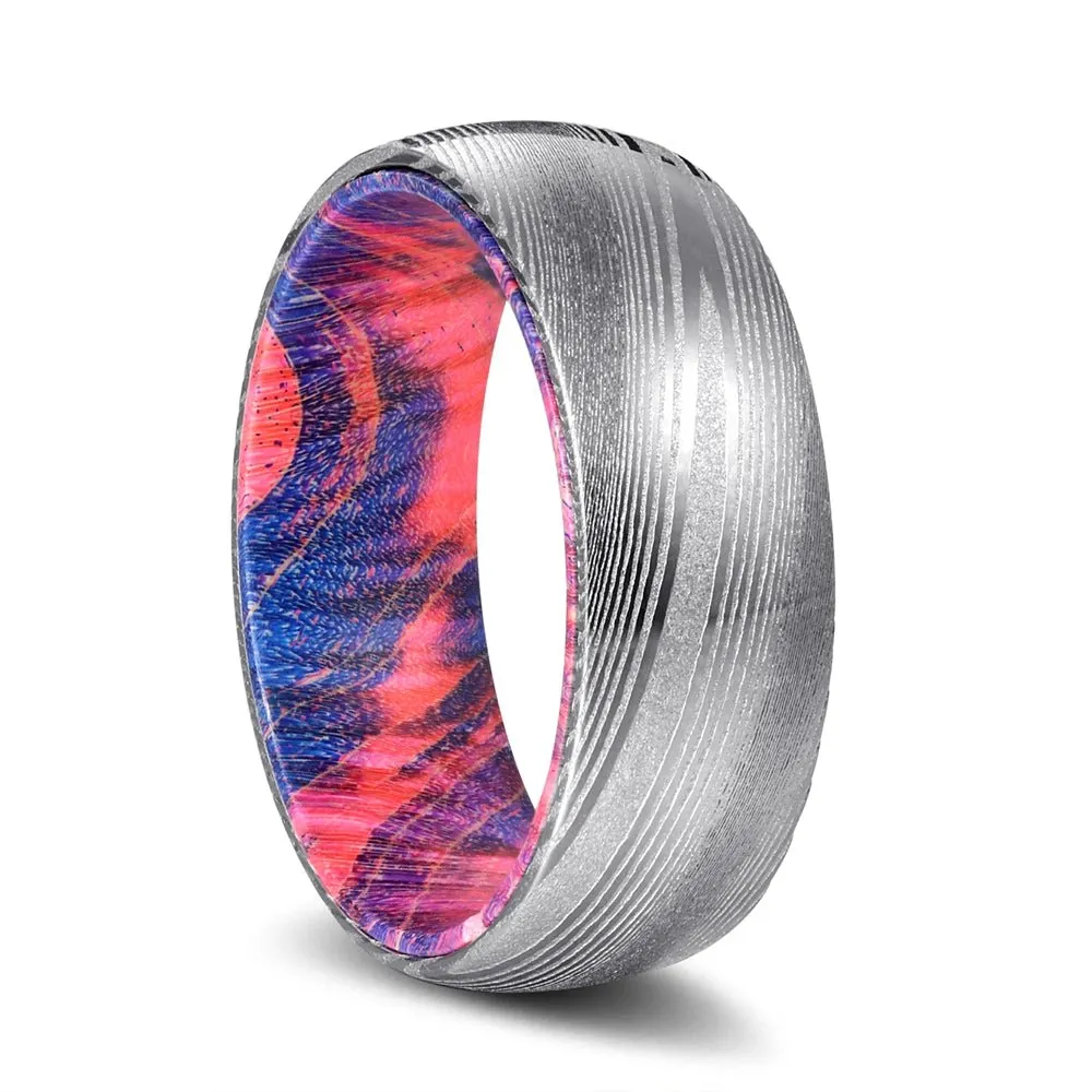 BLUEHAWK | Blue and Red Wood, Silver Damascus Steel, Domed