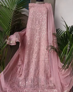 Blush Pink Panel Lucknowi Chinkari Georgett Gota Patti Salwar Suit Fabric Material(Unstitched)