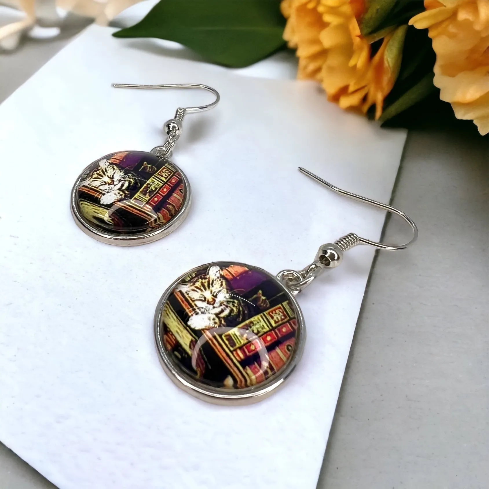 Book Club Earrings - Cat Earrings, Handmade Earrings, Book Shop Cat, Librarian Earrings