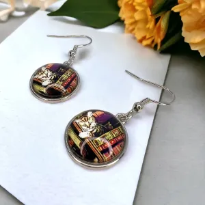 Book Club Earrings - Cat Earrings, Handmade Earrings, Book Shop Cat, Librarian Earrings