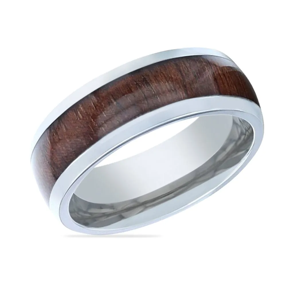 CARY | Silver Titanium Ring, Black Walnut Wood Inlay, Domed