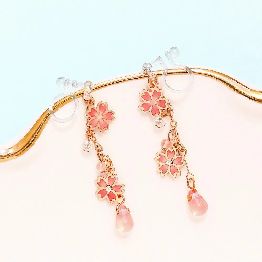 Cherry Blossom Sakura Linear Invisible Clip On Earrings