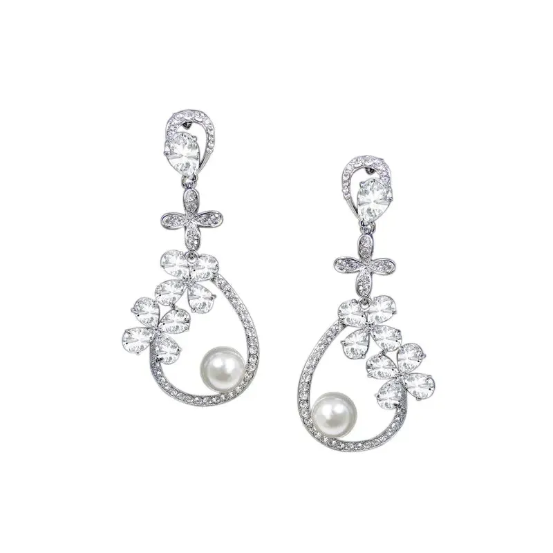 Crystal Vintage Silver Delicate Vine Bridal Wedding Earrings