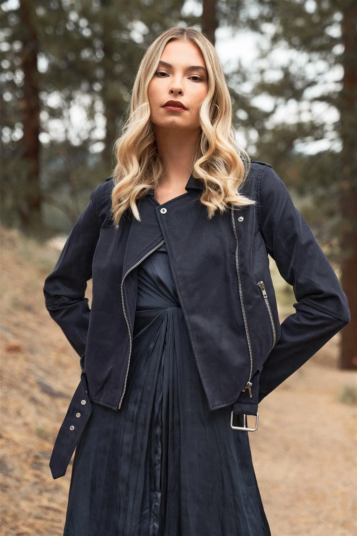 Deep Blue Faux Suede Edgy Belted Hem Biker Jacket /1-2-2-1