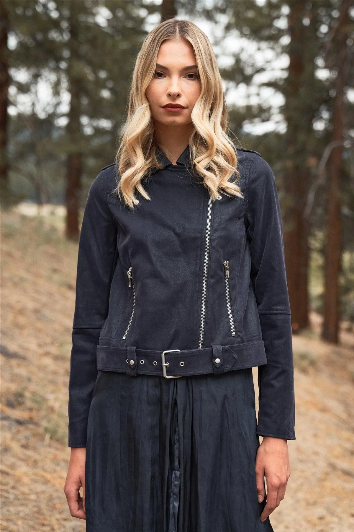 Deep Blue Faux Suede Edgy Belted Hem Biker Jacket /2-3-1