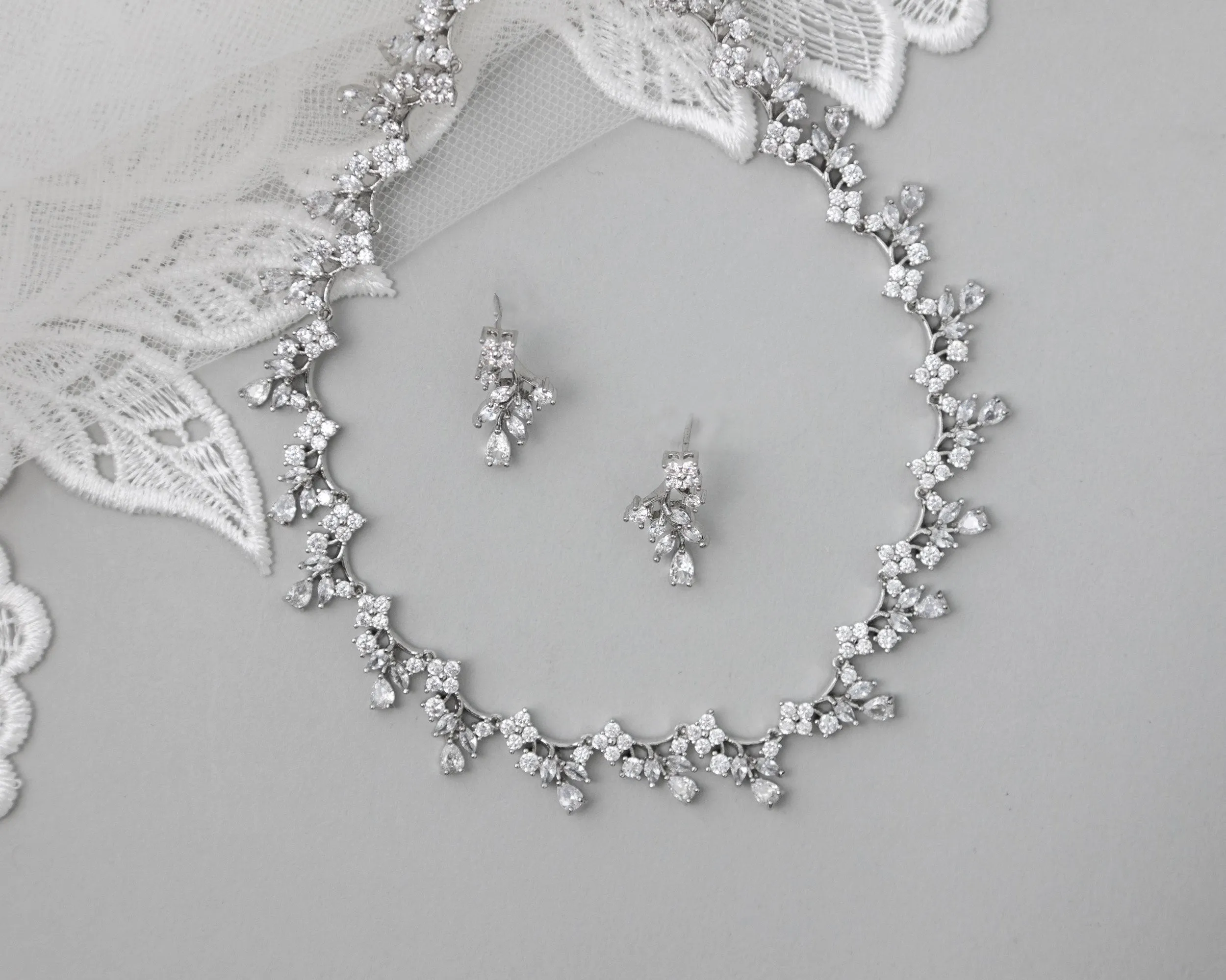 Delicate Floral Links CZ Bridal Necklace Set