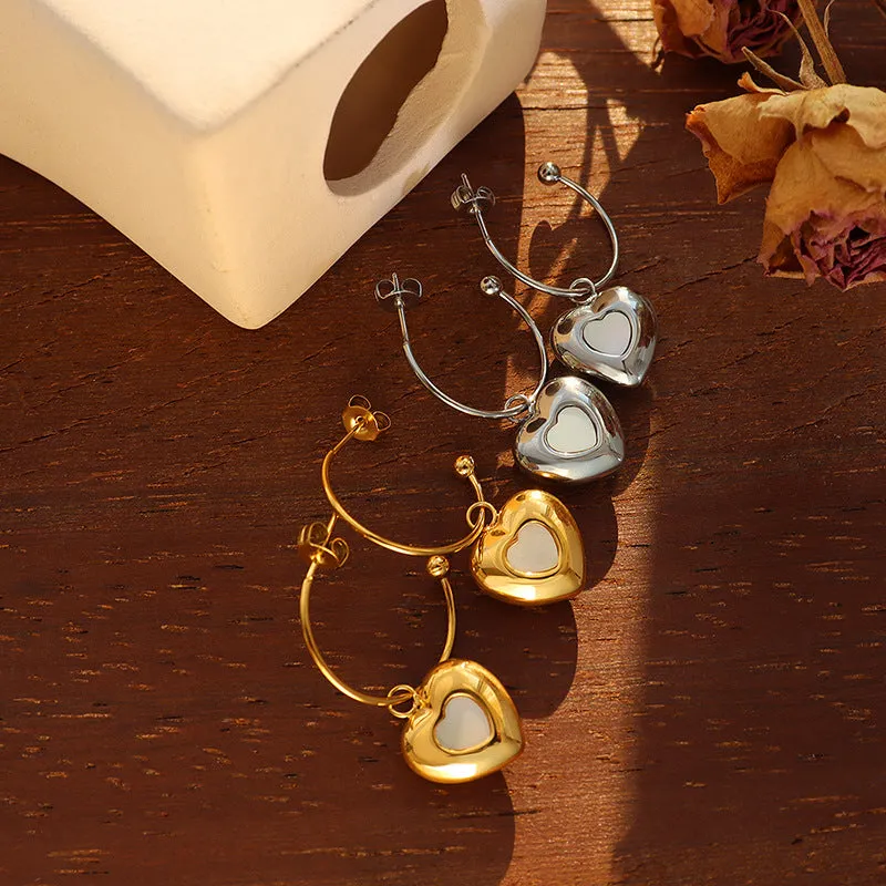 Delicate Korean Geometric Earrings Set with Peach Heart Pendant