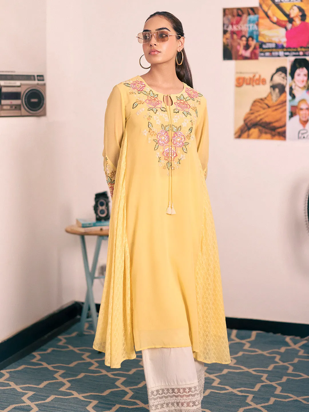 Firdaus Lemon Embroidered Georgette Designer Long Kurta for Women