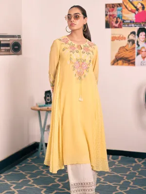 Firdaus Lemon Embroidered Georgette Designer Long Kurta for Women