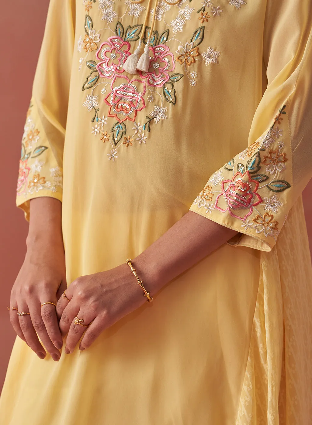 Firdaus Lemon Embroidered Georgette Designer Long Kurta for Women