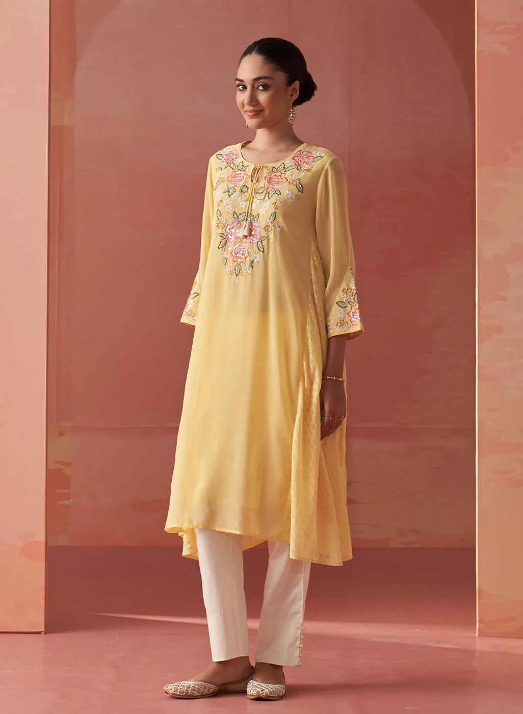 Firdaus Lemon Embroidered Georgette Designer Long Kurta for Women