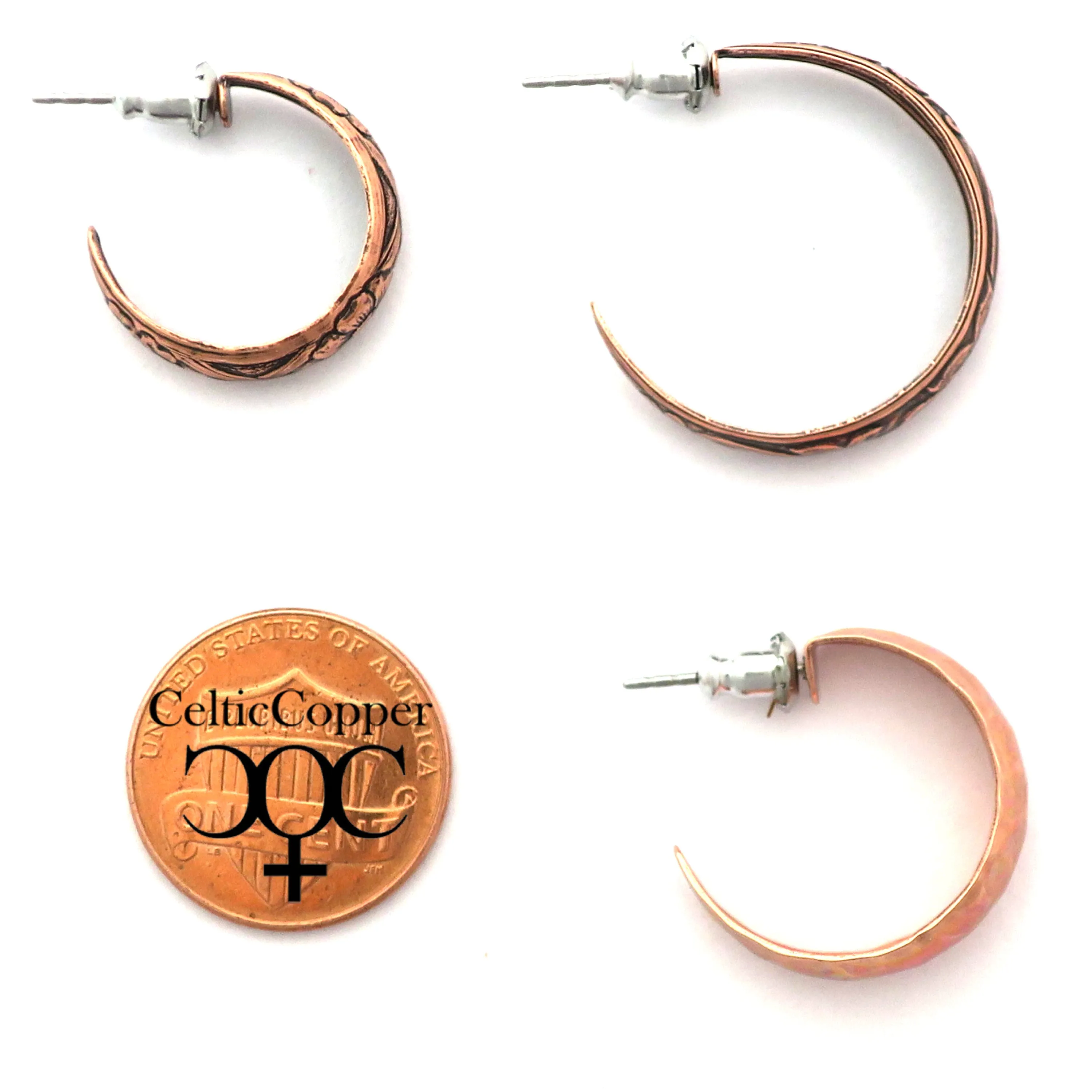 Floral Embossed Copper Hoop Earrings EC80 Solid Copper Jewelry Post Style Copper Hoop Earrings