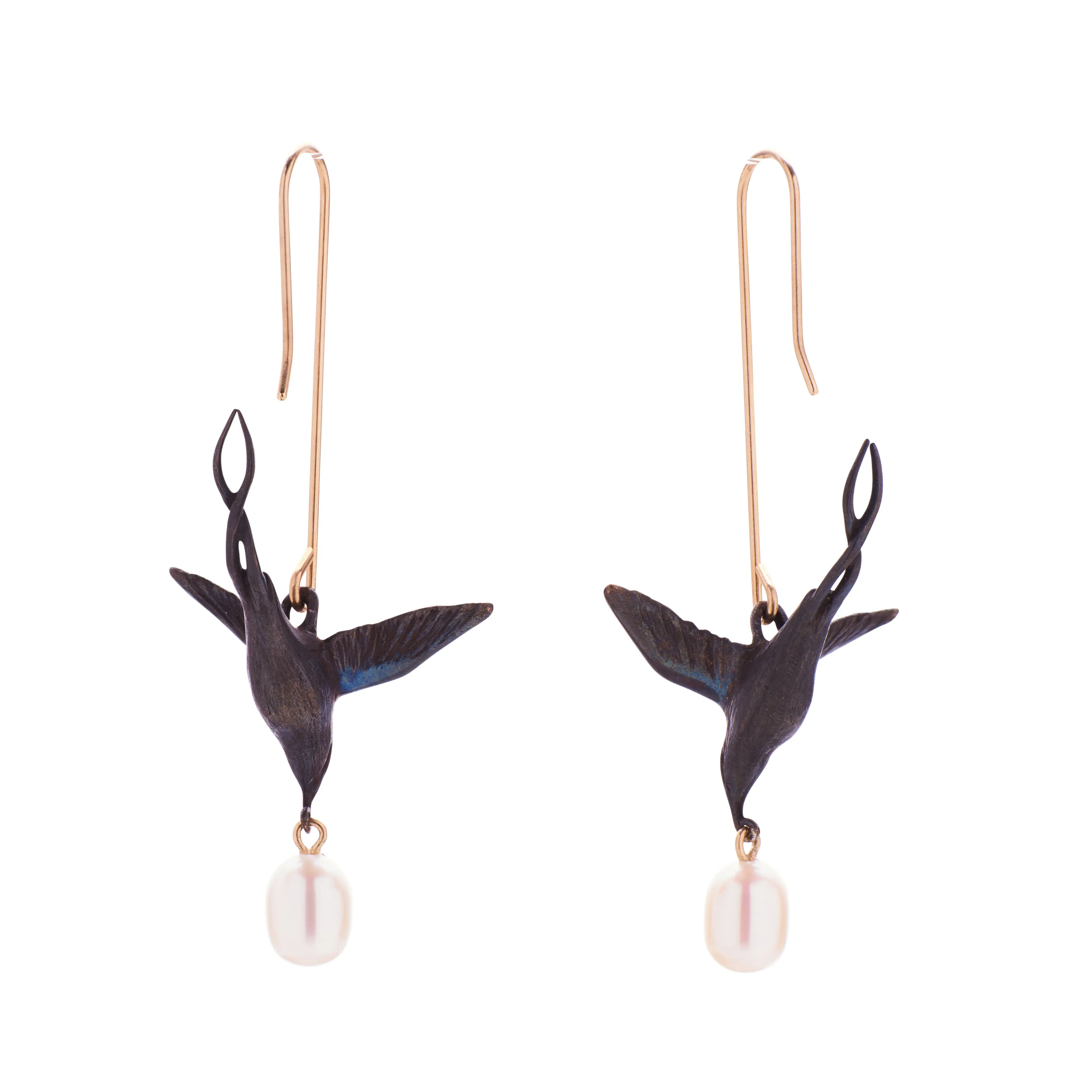 Gabriella Kiss Oxidized Bronze Flying Birds with White Pearl Earrings