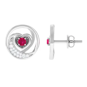 Genuine Ruby and Diamond Minimal Heart Stud Earrings