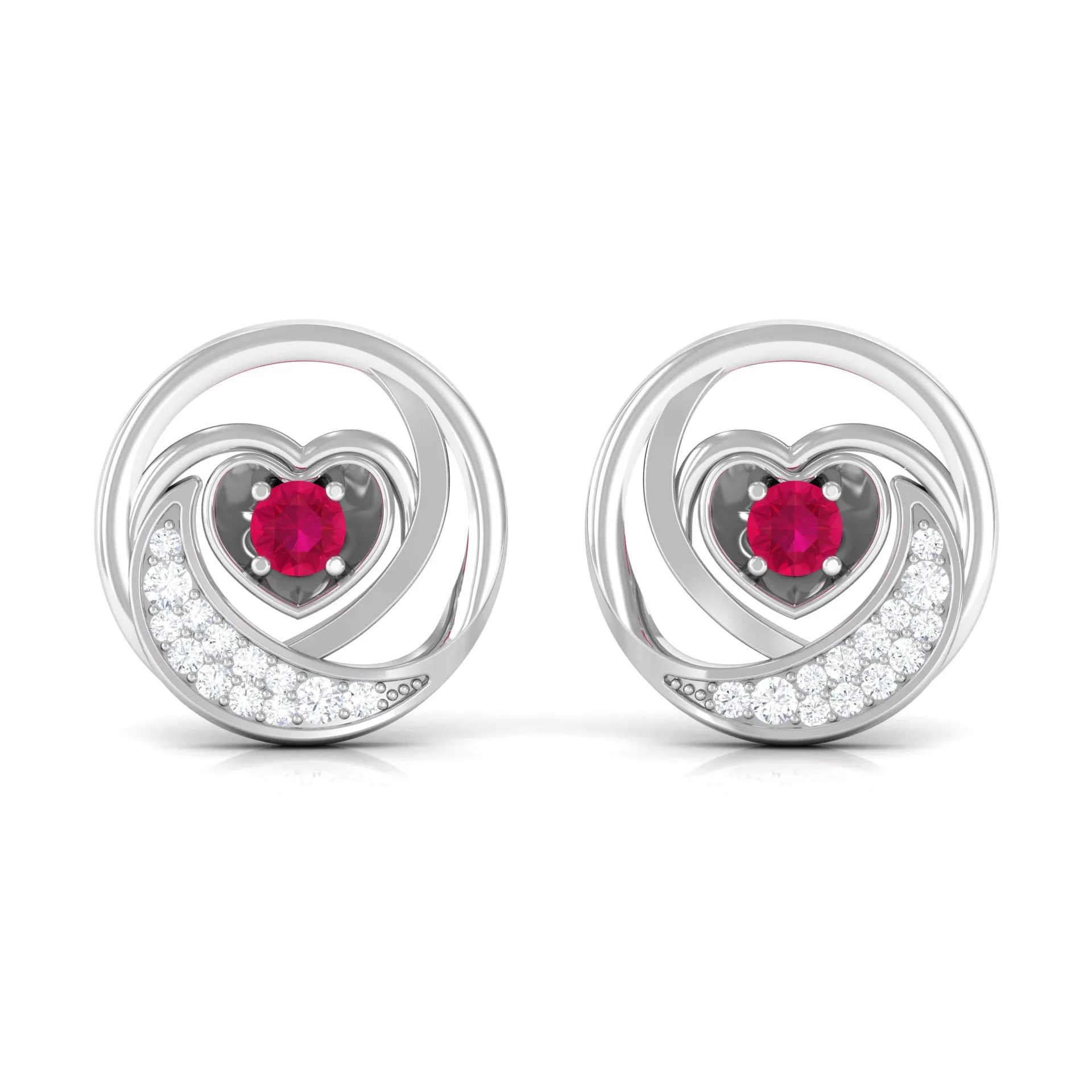 Genuine Ruby and Diamond Minimal Heart Stud Earrings