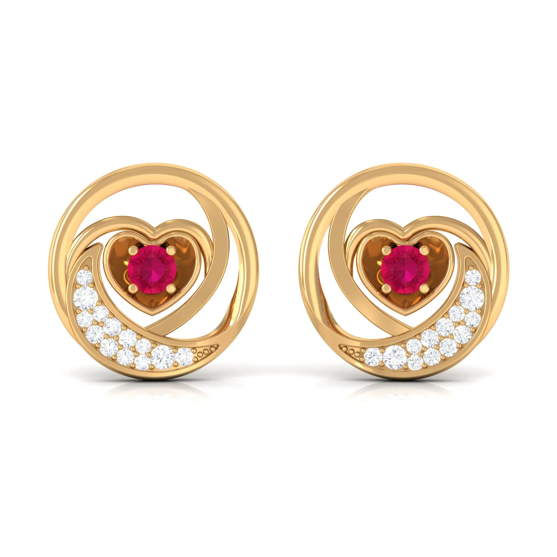 Genuine Ruby and Diamond Minimal Heart Stud Earrings