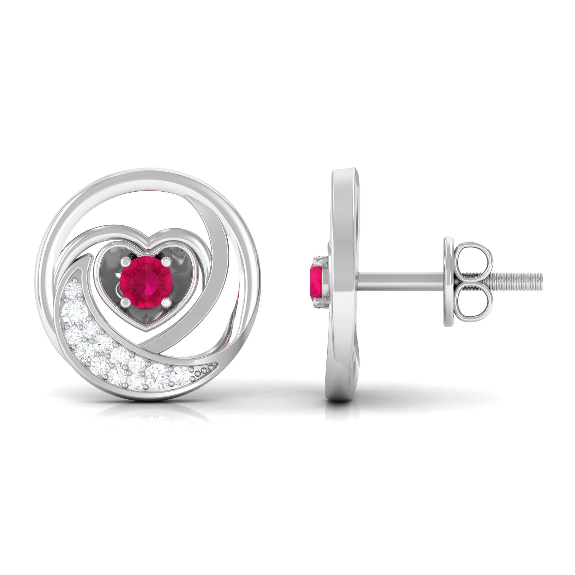 Genuine Ruby and Diamond Minimal Heart Stud Earrings