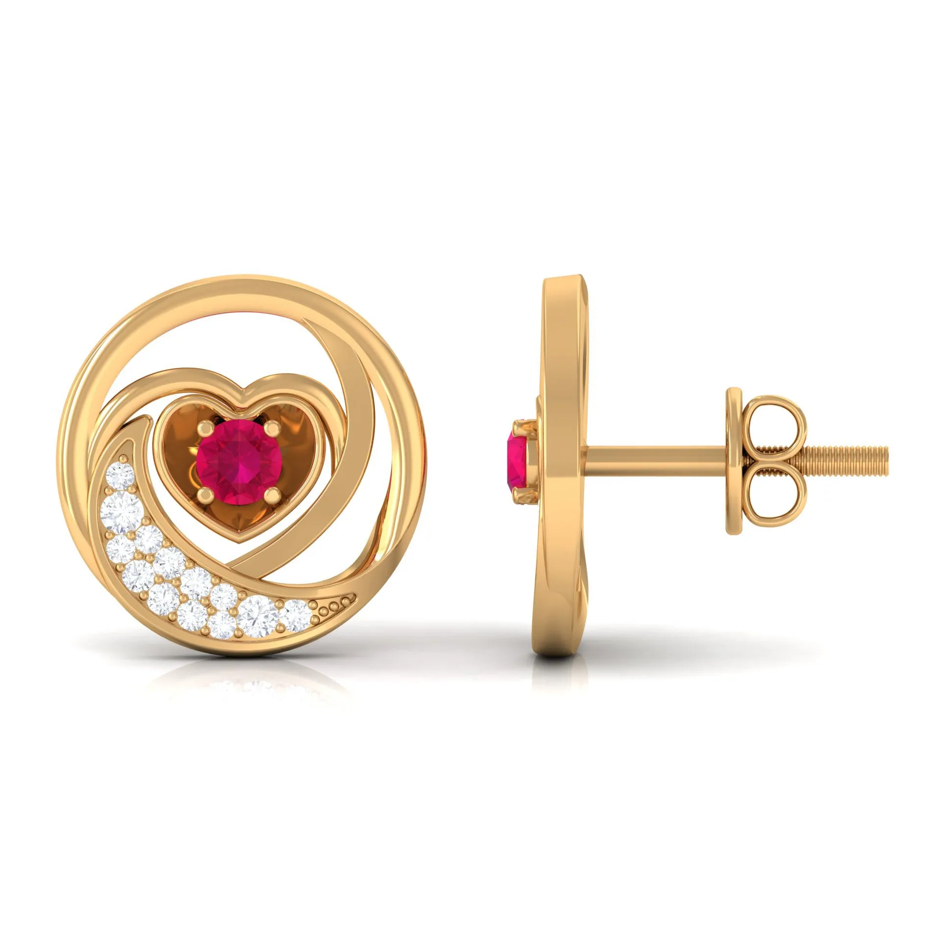 Genuine Ruby and Diamond Minimal Heart Stud Earrings