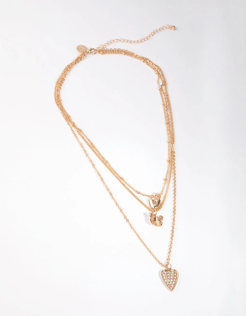 Gold Short Diamante Heart 3-Row Necklace