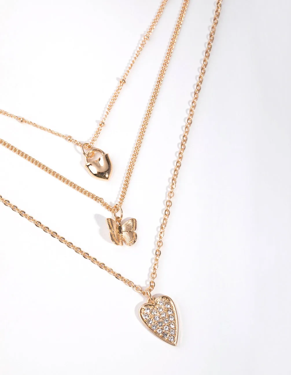 Gold Short Diamante Heart 3-Row Necklace