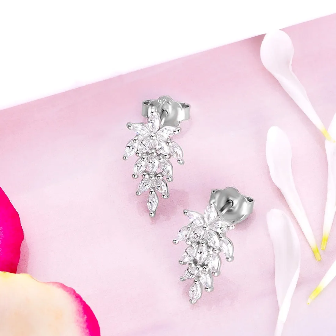 Graceful Leaf Radiance 925 Sterling Silver Rhodium-Plated Earrings