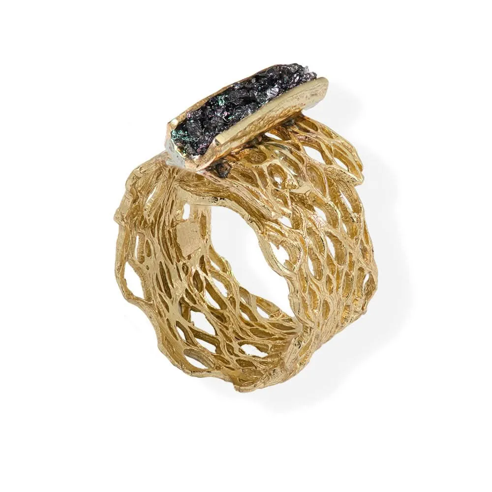 Handmade Diamond Curved Gold Plated Ring With Black Crystals