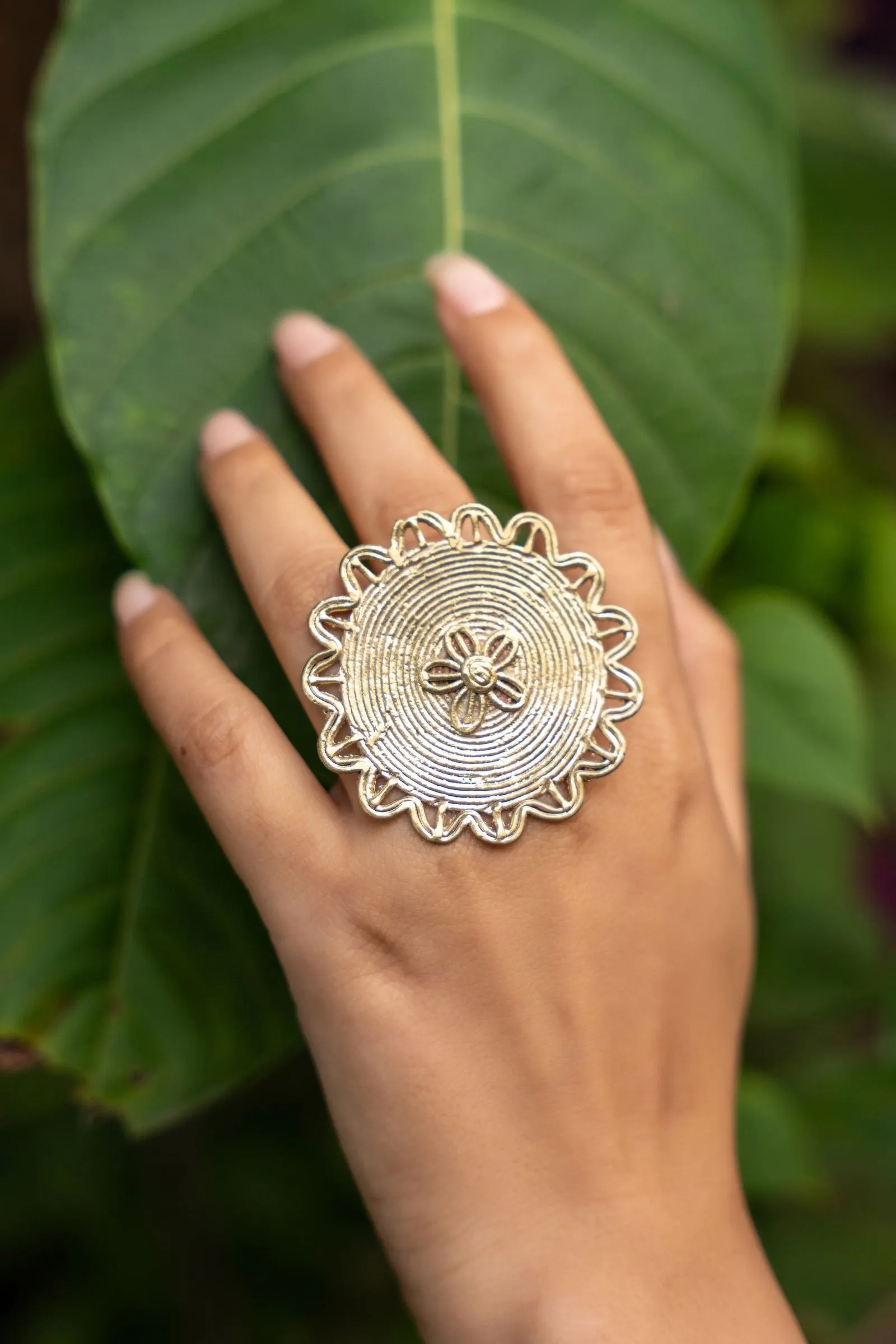 Handmade Floral Dokra Brass Adjustable Finger Ring - Unique Design, Durable Elegance for Any Outfit