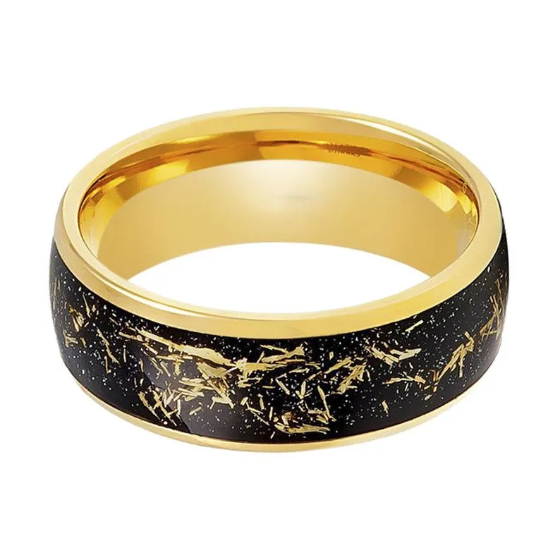 JOVIAN | Gold Tungsten, Black Imitation Meteorite Inlay, Domed