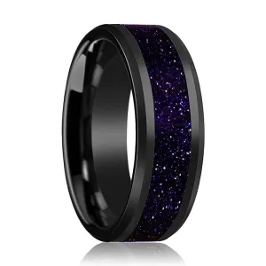 MELO | Black Ceramic Ring, Purple-Gold Stone Inlay, Beveled