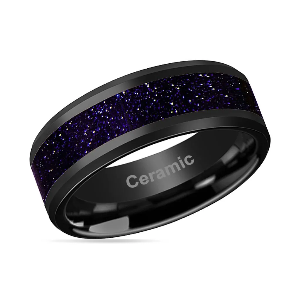 MELO | Black Ceramic Ring, Purple-Gold Stone Inlay, Beveled