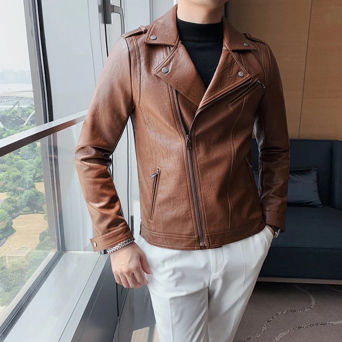 Men’s Brown Moto Biker Genuine Sheepskin Lapel Collar Asymmetric Rider Motorcycle Fashion Leather Jacket