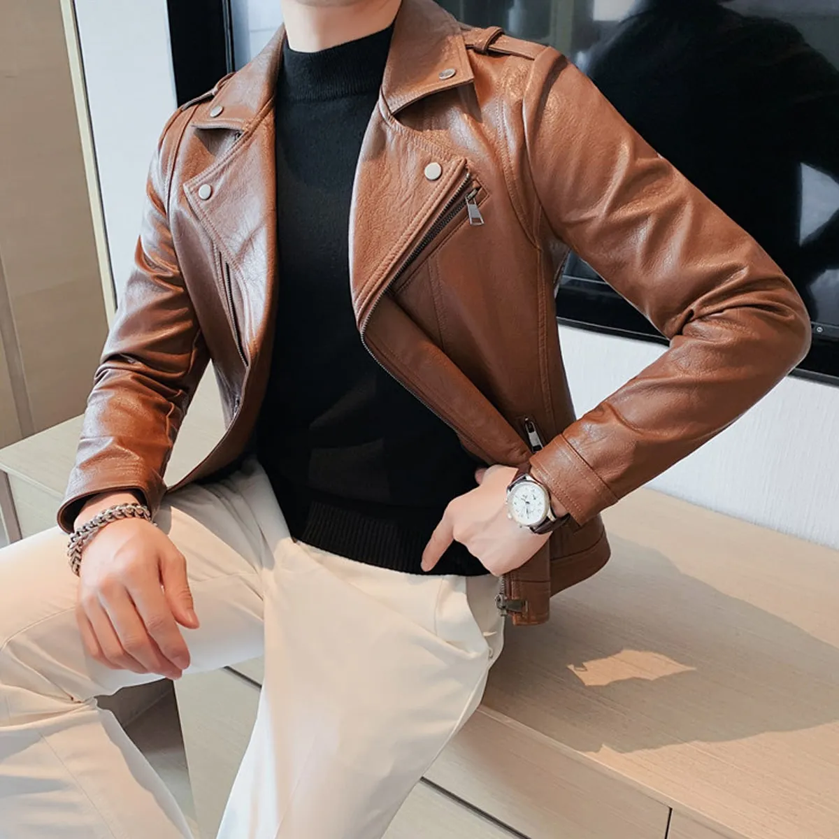 Men’s Brown Moto Biker Genuine Sheepskin Lapel Collar Asymmetric Rider Motorcycle Fashion Leather Jacket