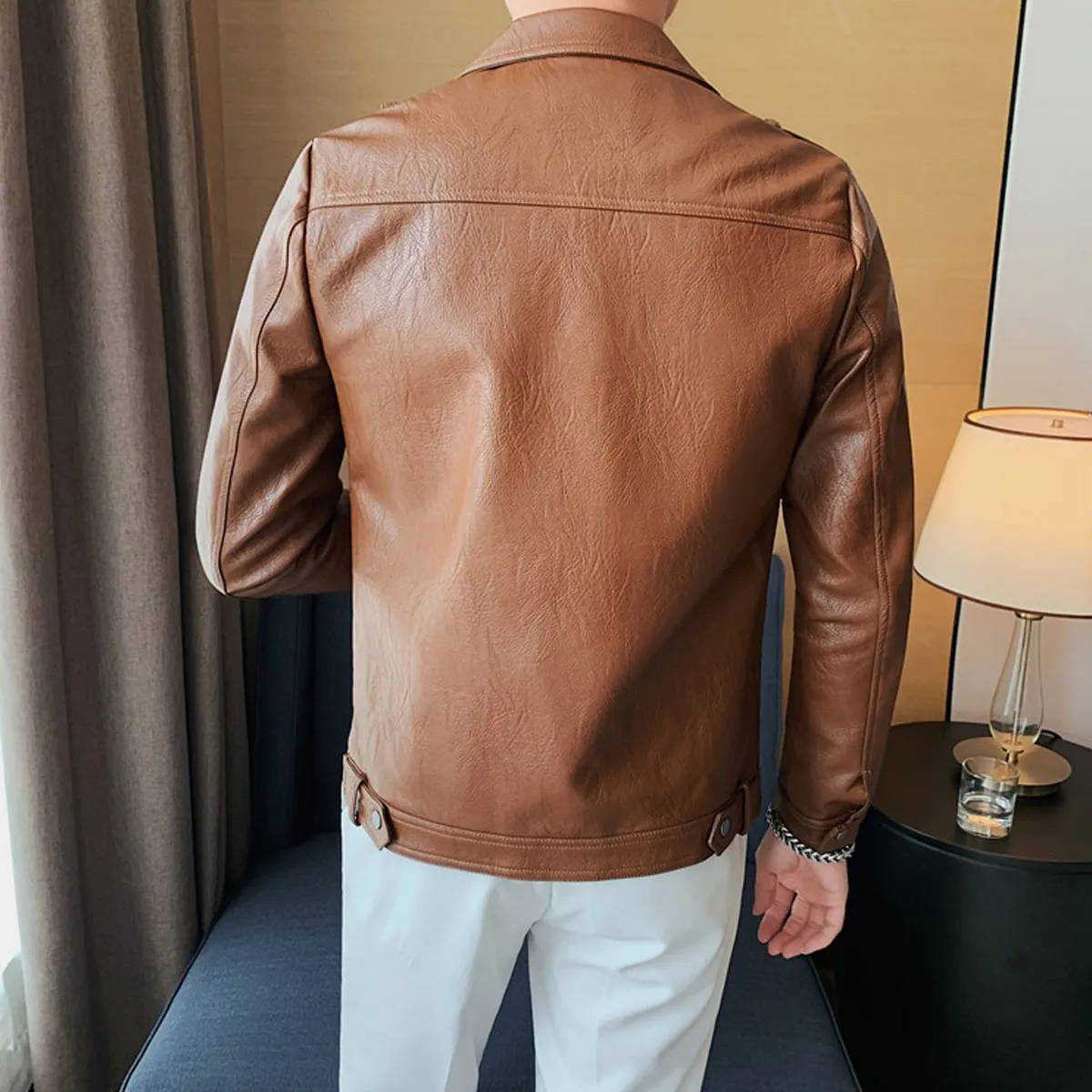 Men’s Brown Moto Biker Genuine Sheepskin Lapel Collar Asymmetric Rider Motorcycle Fashion Leather Jacket