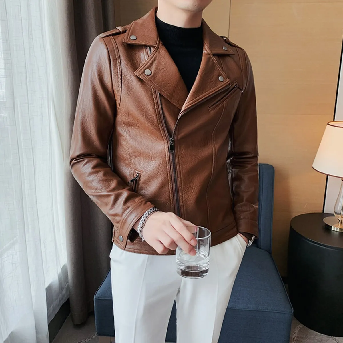 Men’s Brown Moto Biker Genuine Sheepskin Lapel Collar Asymmetric Rider Motorcycle Fashion Leather Jacket