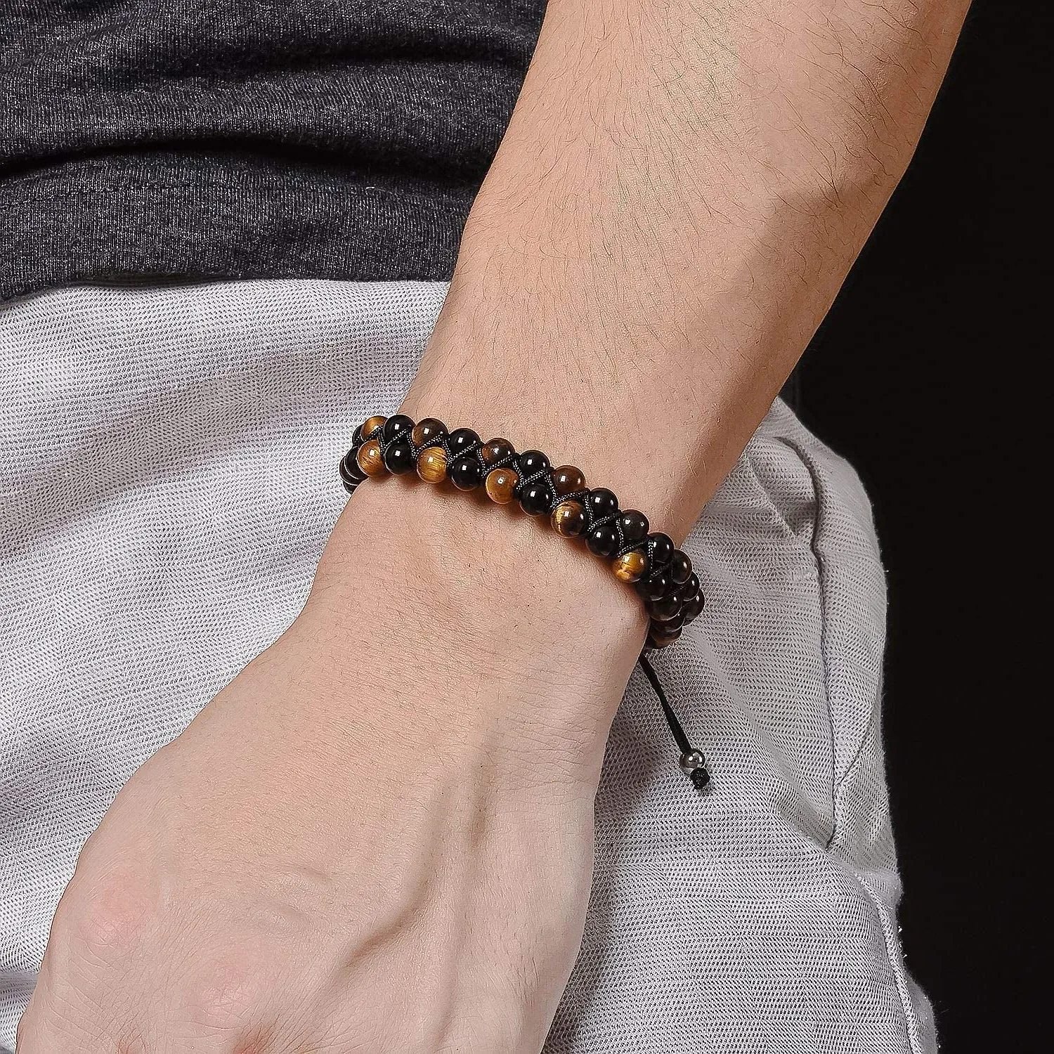 Men's Woven Bead Bracelet Double Layer 6 mm Natural Stones