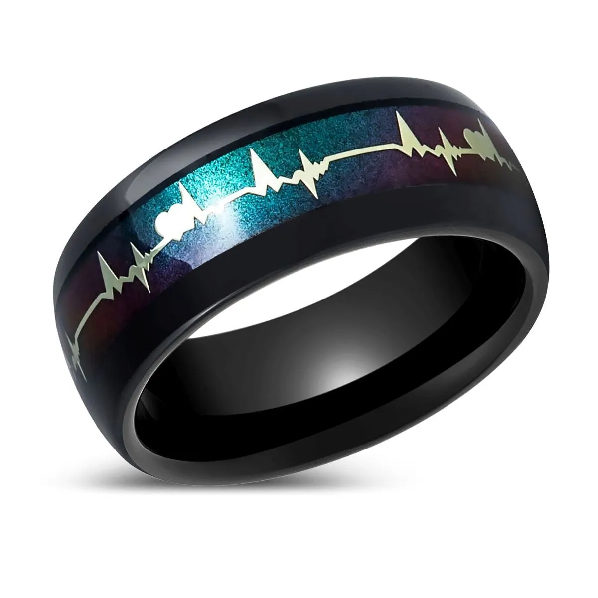 MERKATOS | Black Tungsten Ring with Rainbow and EKG Cutout