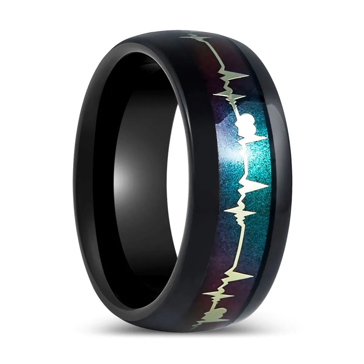 MERKATOS | Black Tungsten Ring with Rainbow and EKG Cutout